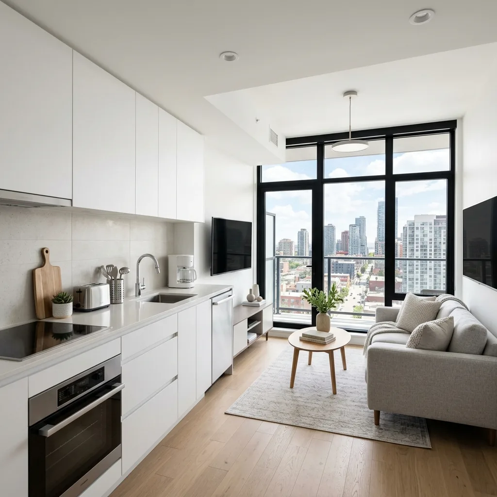 Clean modern apartment with open floor plan