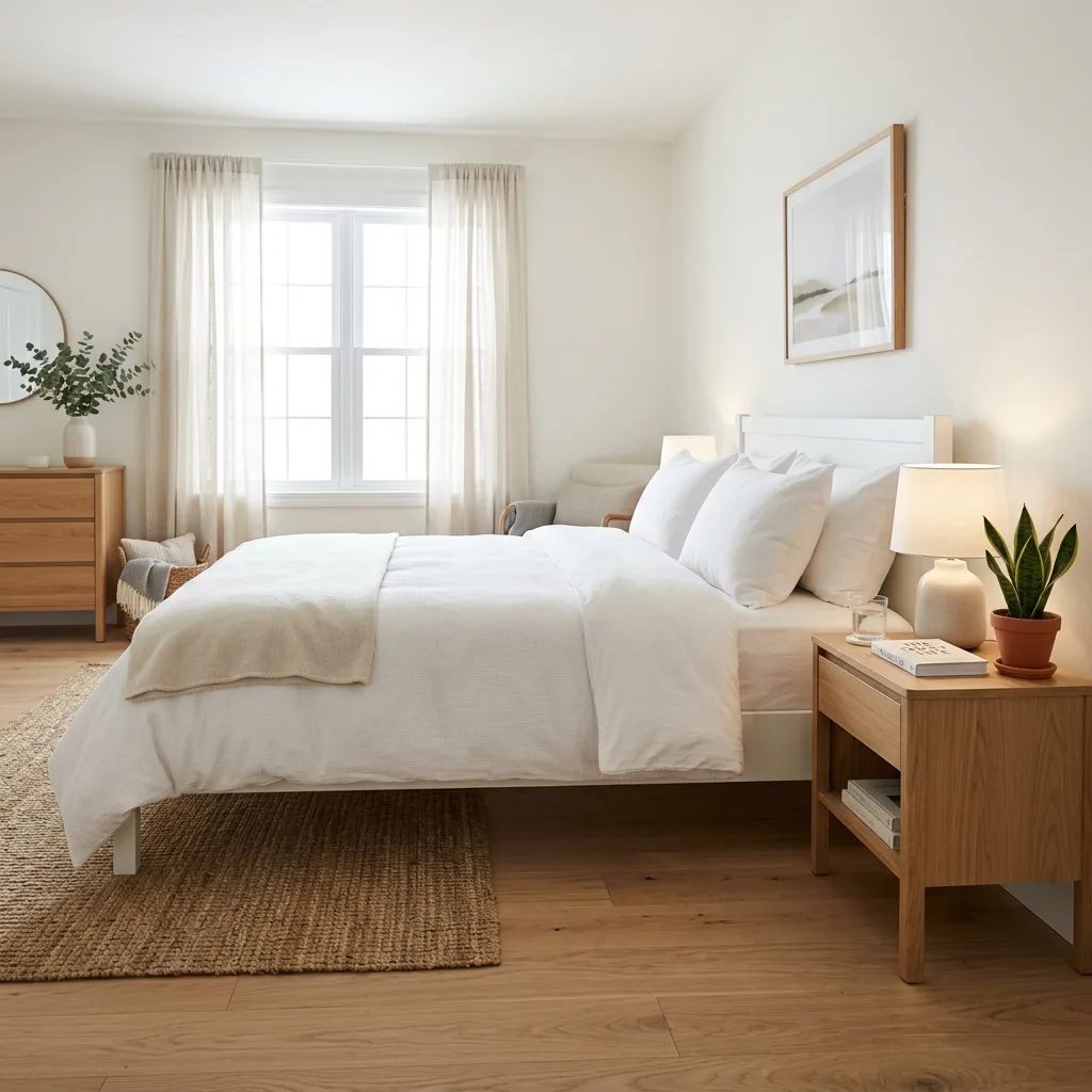 Freshly cleaned bedroom with made bed and clean floors