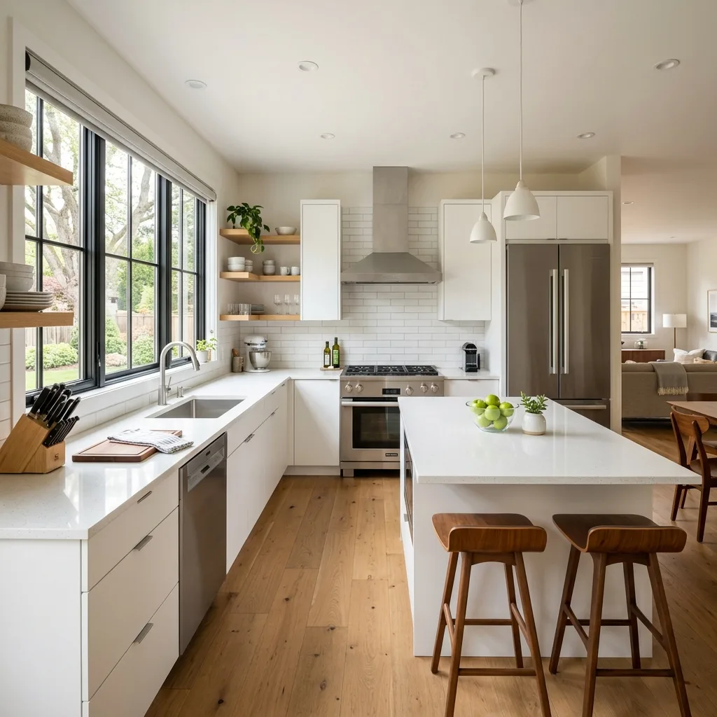 Professionally cleaned modern kitchen with sparkling countertops