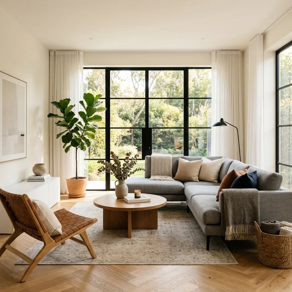 Clean living room with dusted surfaces and vacuumed floors